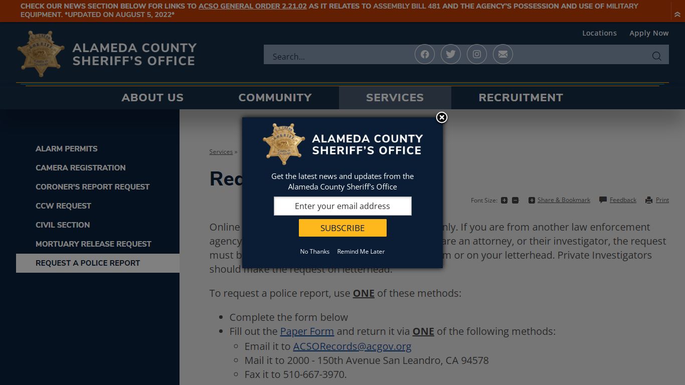 Request a Police Report | Alameda County Sheriff's Office, CA