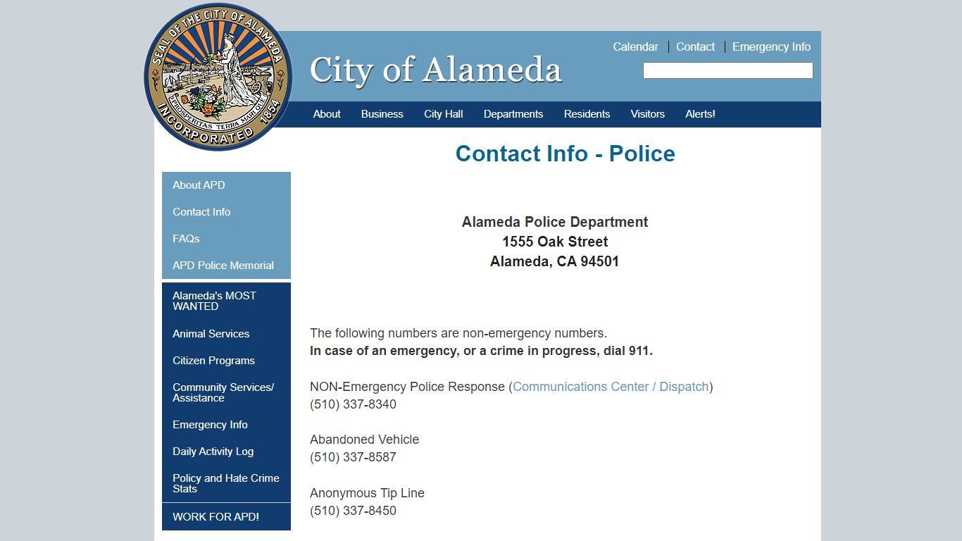 Contact Info - Police | City of Alameda - Graphtek Interactive